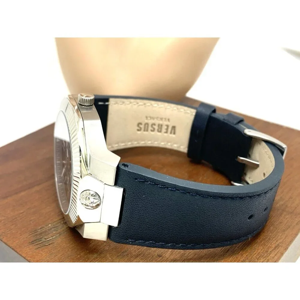 Versus by Versace Mens Watch VSP1P1121 Quartz Blue Gray Dial Silver Leather 42mm